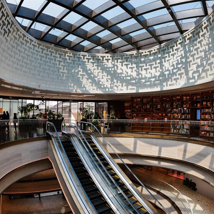 Modern shopping mall interior with family areas